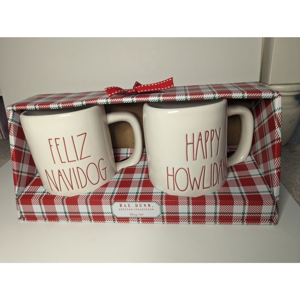 Rae Dunn Feliz Navidog & Happy Hawlidays Mug Set NIB